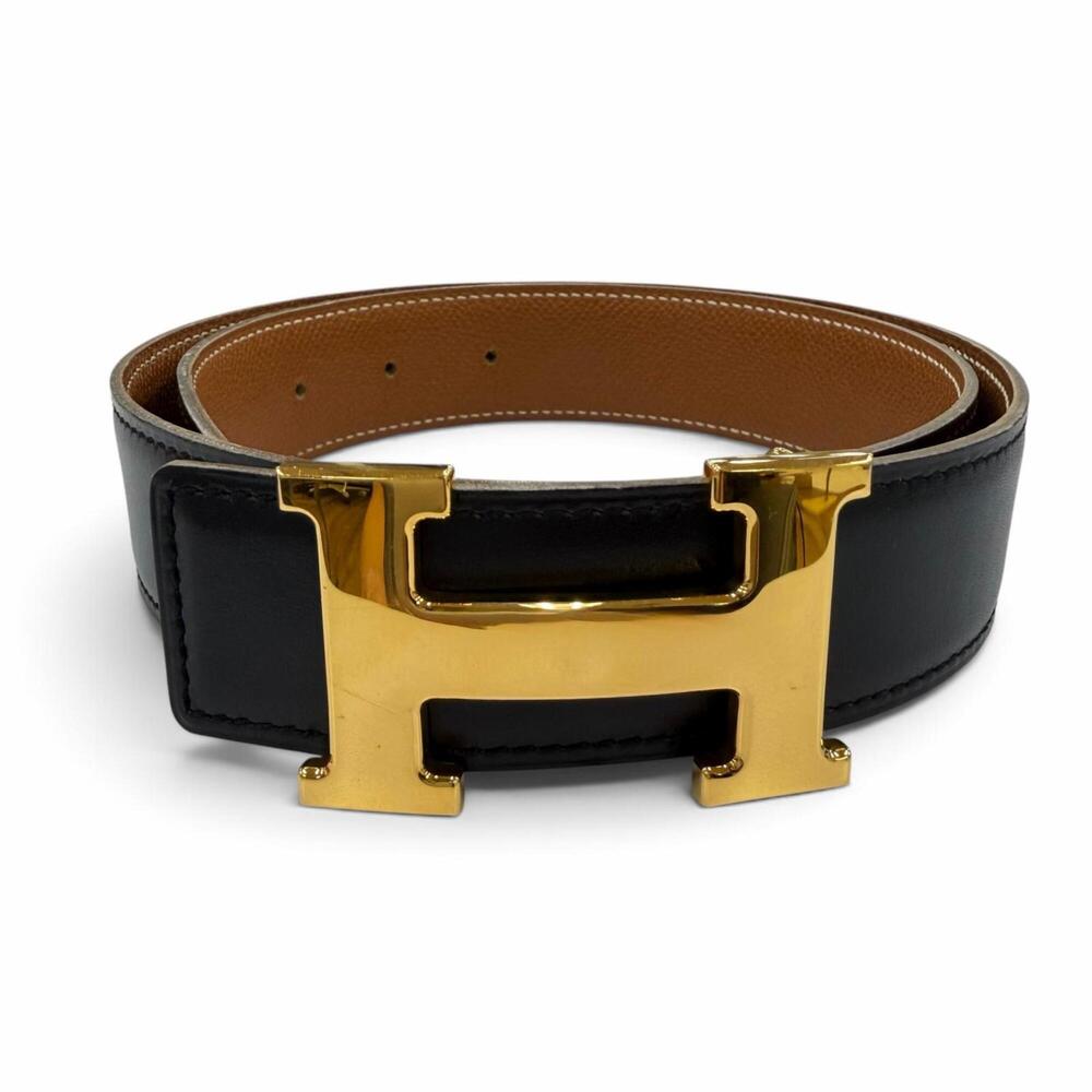 HERMES Vintage Gold Hardware Margiela Era H Logo Reversible Leather Belt Blac...